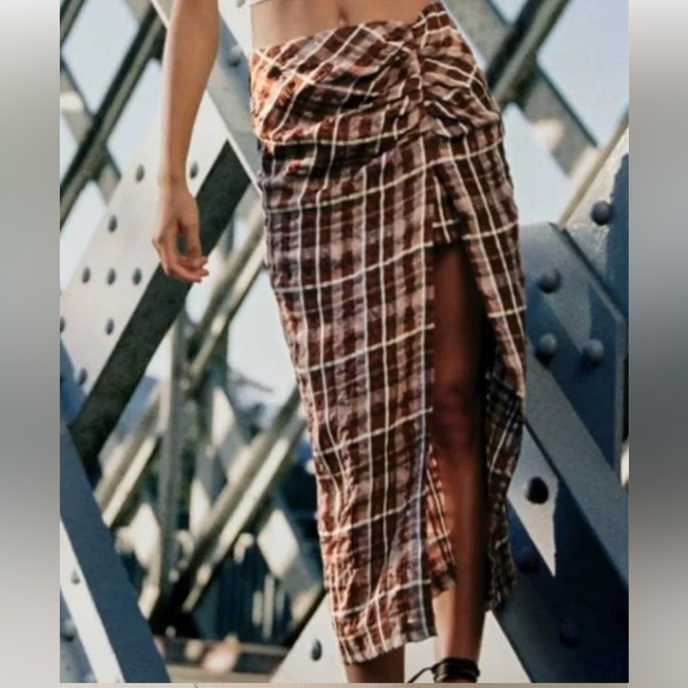 ZARA NWOT Brown Plaid Midi Skirt Side Slit Size XS